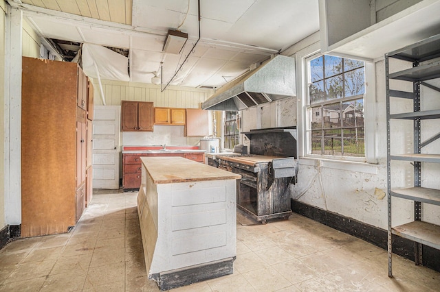 kitchen with premium range hood, a center island, a wealth of natural light, and wooden counters