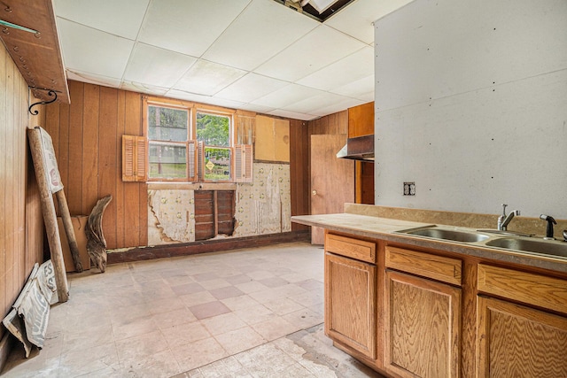 kitchen featuring wooden walls and sink