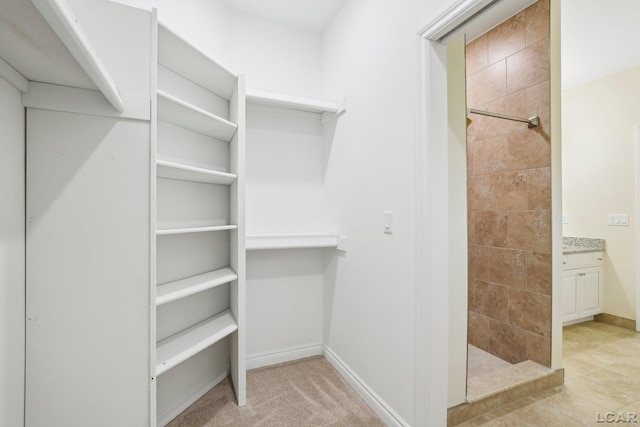 walk in closet featuring light colored carpet