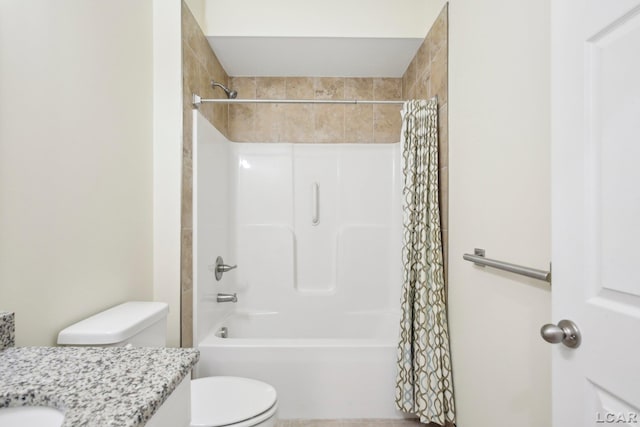 full bathroom with vanity, shower / bath combination with curtain, and toilet