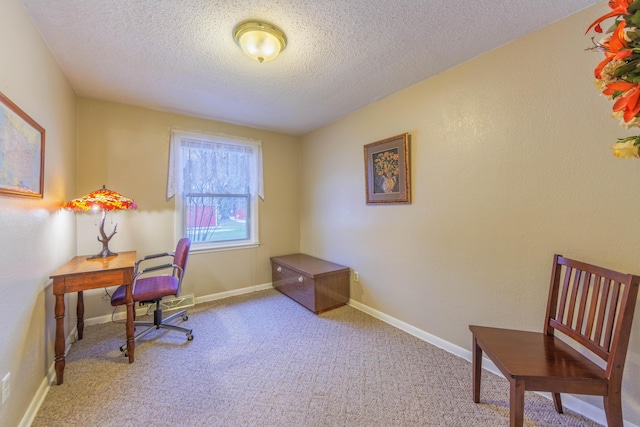 carpeted office space with a textured ceiling