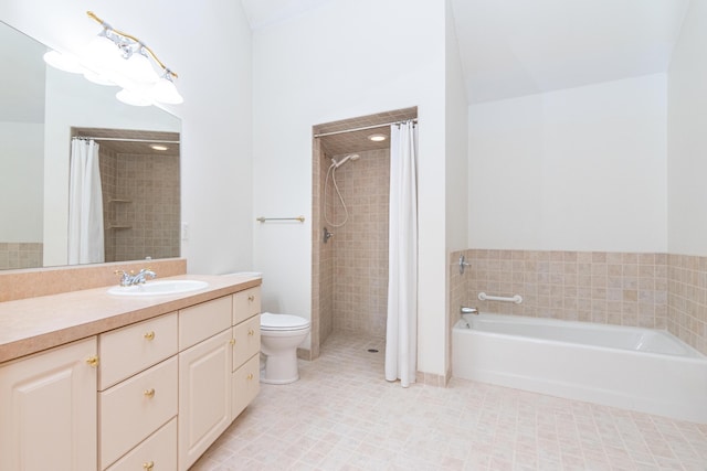 full bathroom with vanity, tile patterned floors, toilet, and separate shower and tub