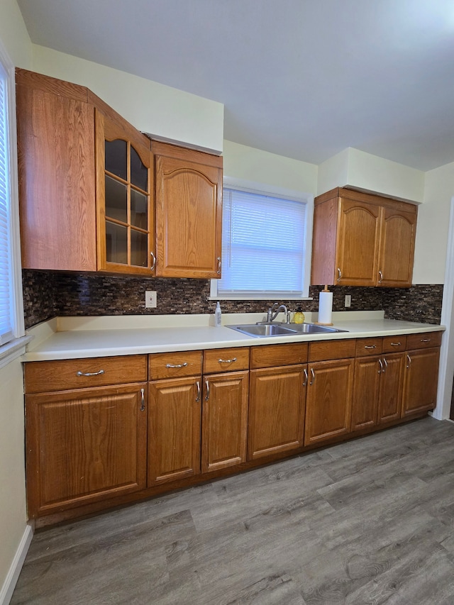 kitchen with sink, hardwood / wood-style floors, and backsplash