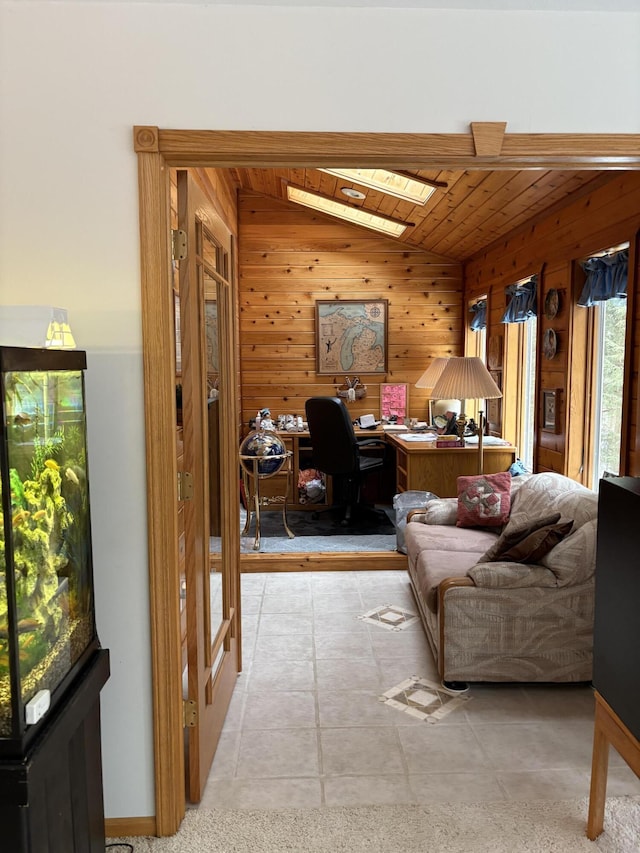 office space with wood ceiling, vaulted ceiling, and wood walls