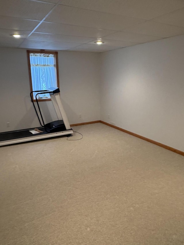 interior space with carpet and a paneled ceiling