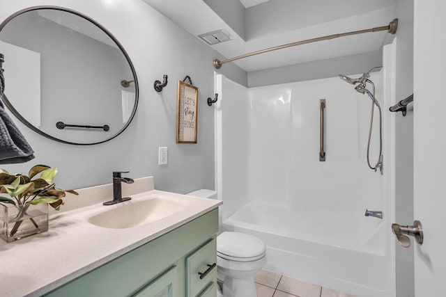 full bathroom featuring tile patterned flooring, vanity,  shower combination, and toilet