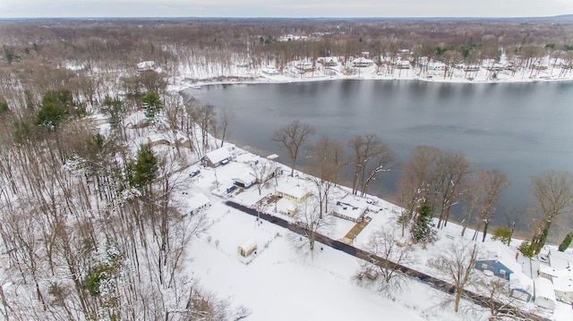 snowy aerial view featuring a water view