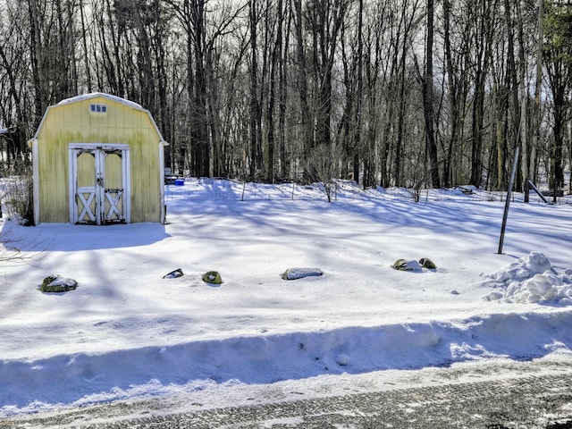 yard covered in snow with a shed