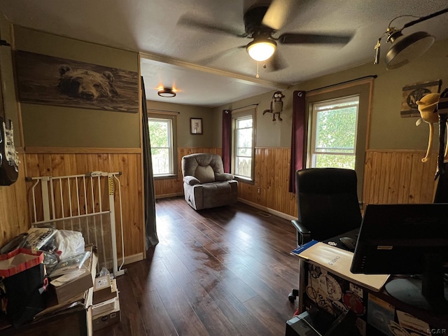 home office with dark wood-type flooring, a wealth of natural light, and wooden walls