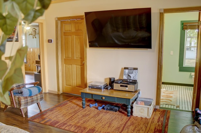 office space with dark wood-type flooring