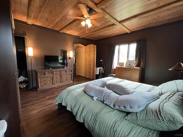 bedroom with dark wood-type flooring, wooden ceiling, and ceiling fan