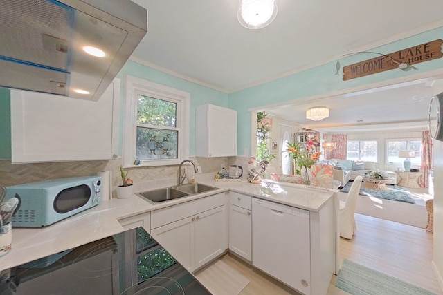 kitchen with white cabinetry, sink, white dishwasher, and range hood