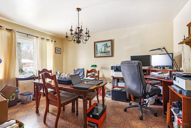 tiled office featuring an inviting chandelier