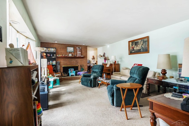 carpeted living room with a fireplace