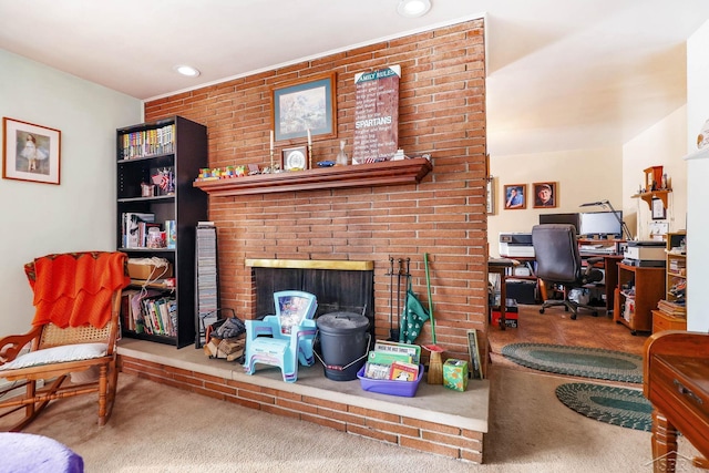 living room featuring a brick fireplace and carpet flooring