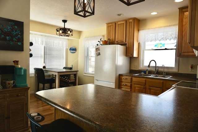 kitchen with white refrigerator, hardwood / wood-style flooring, sink, and pendant lighting