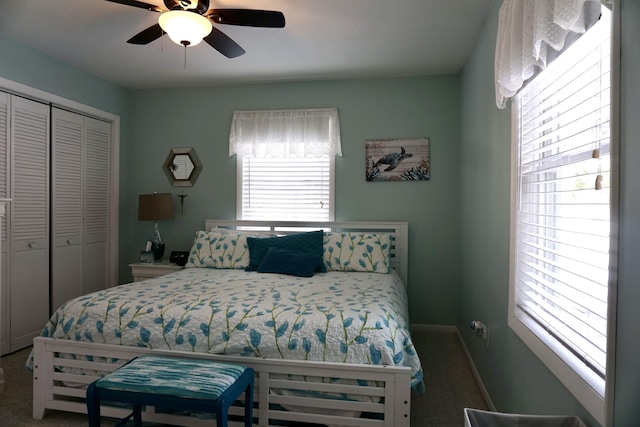 bedroom featuring carpet floors, a closet, and ceiling fan