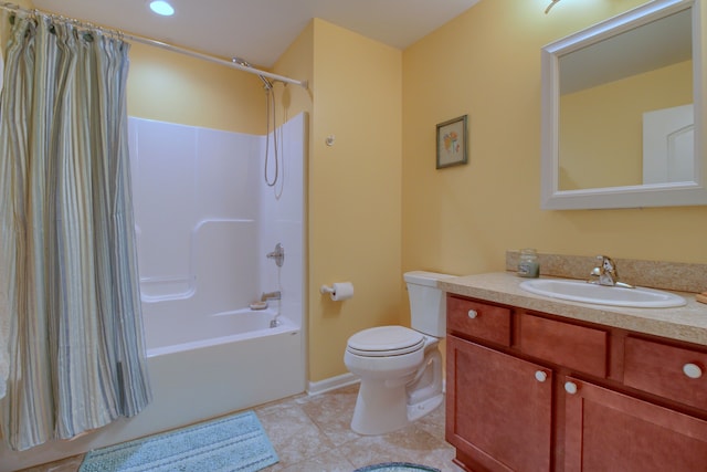 full bathroom with shower / bathtub combination with curtain, vanity, tile patterned flooring, and toilet