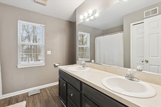 bathroom featuring vanity and hardwood / wood-style floors