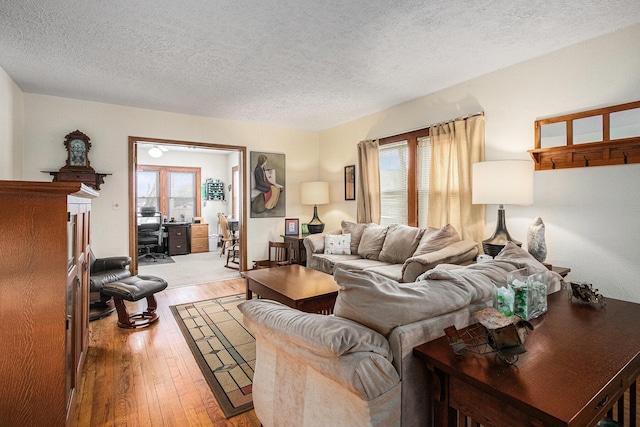 living room featuring light hardwood / wood-style flooring and a textured ceiling