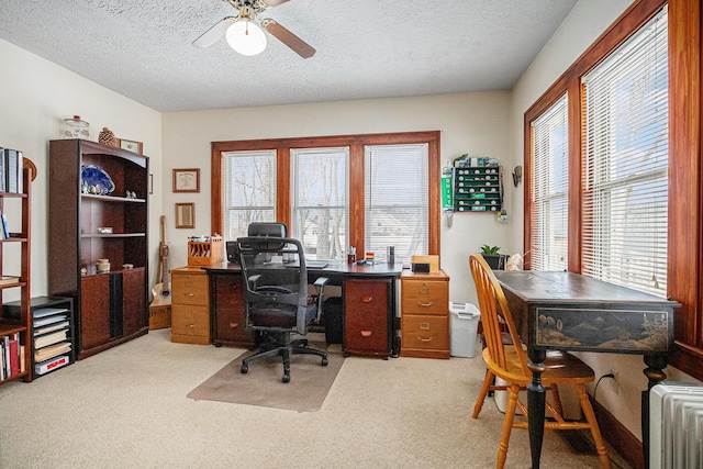 office space featuring ceiling fan, carpet, radiator, and a textured ceiling