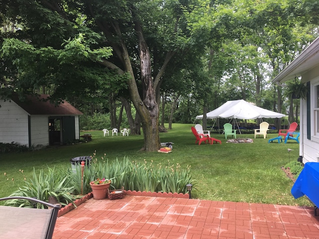 view of yard featuring a shed and a patio area