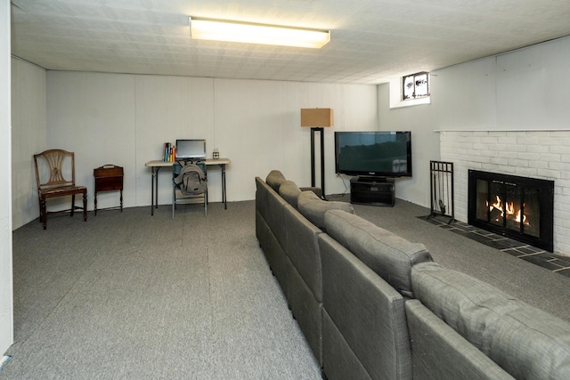 carpeted living room featuring a brick fireplace