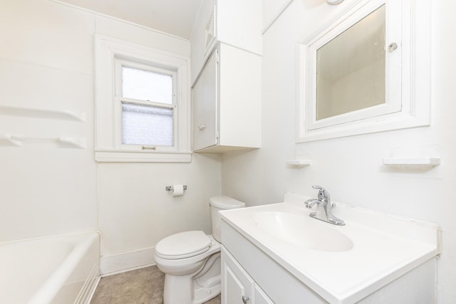 bathroom featuring vanity, a bath, and toilet