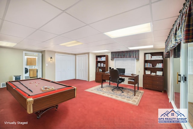 playroom featuring a paneled ceiling, pool table, washing machine and dryer, and carpet