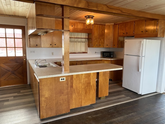 kitchen featuring sink, wood ceiling, dark wood-type flooring, kitchen peninsula, and white fridge