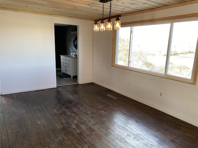 unfurnished dining area with sink, wooden ceiling, and dark hardwood / wood-style floors