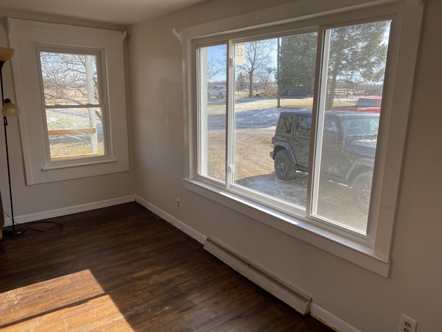 spare room with dark hardwood / wood-style flooring and a baseboard radiator