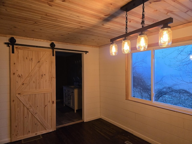 unfurnished dining area featuring sink, wood ceiling, dark hardwood / wood-style floors, and a barn door