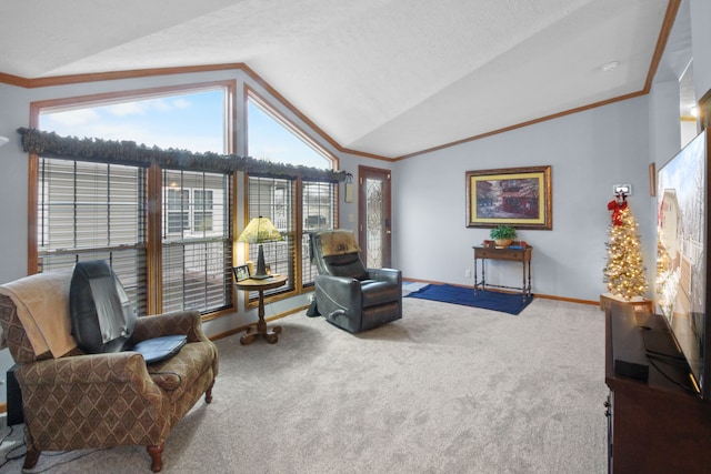 living area with crown molding, lofted ceiling, and carpet floors