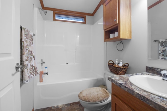 full bathroom featuring vanity, ornamental molding, toilet, and shower / bath combination