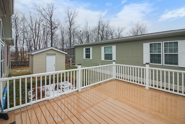 deck featuring a shed