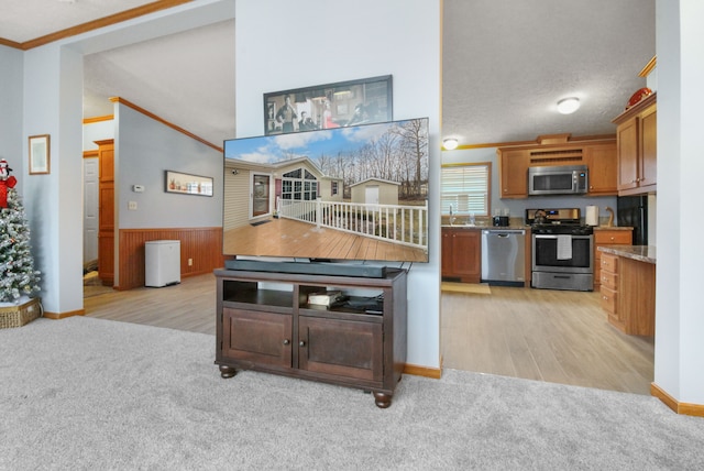 kitchen with appliances with stainless steel finishes, sink, light colored carpet, crown molding, and a textured ceiling