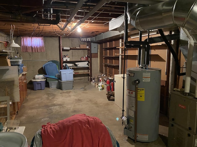 basement with gas water heater and electric panel