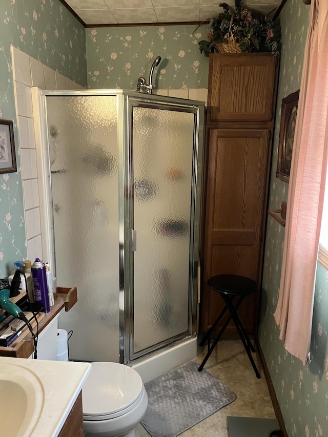 bathroom featuring vanity, toilet, and a shower with shower door