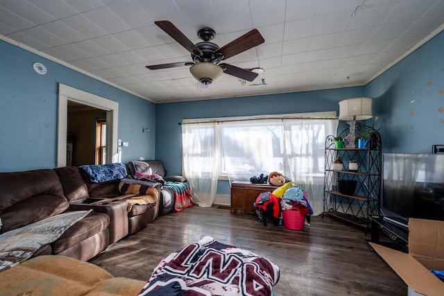 living room featuring ornamental molding, dark hardwood / wood-style floors, and ceiling fan