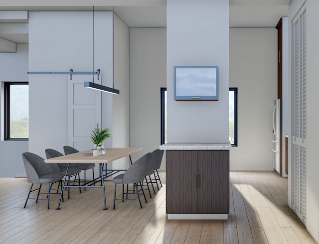 dining room with light hardwood / wood-style flooring and a barn door