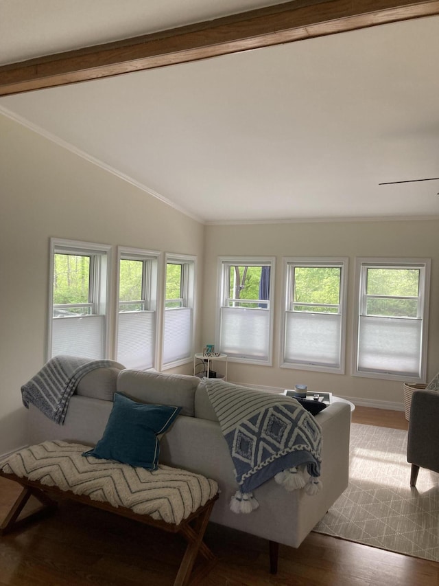 living room with lofted ceiling with beams, crown molding, and hardwood / wood-style floors