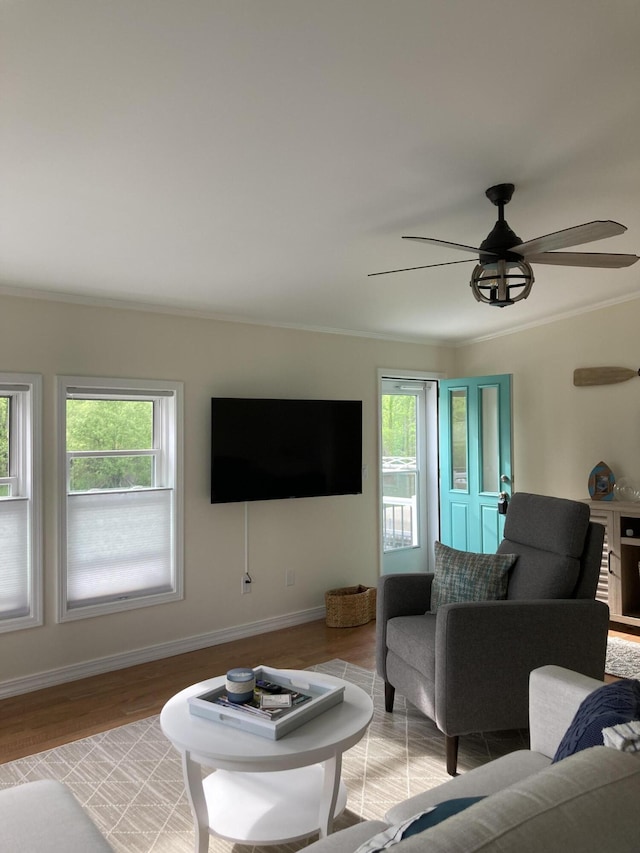 living room with ornamental molding, plenty of natural light, light hardwood / wood-style floors, and ceiling fan