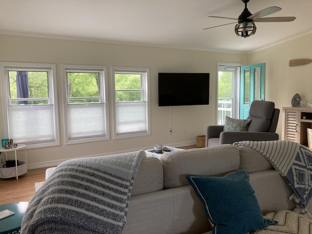 living room featuring crown molding, ceiling fan, and hardwood / wood-style floors