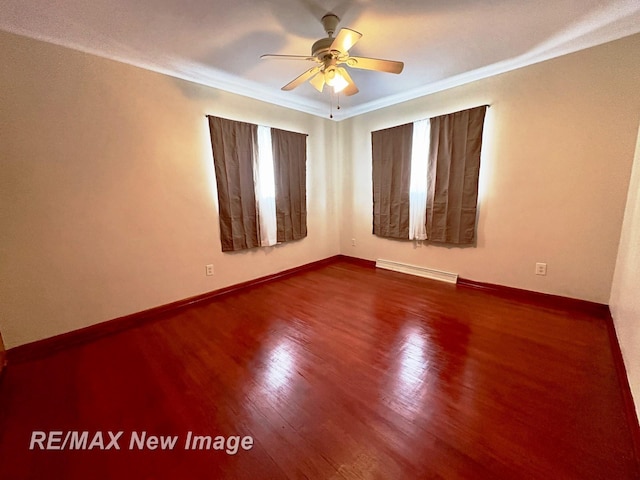 unfurnished room featuring ornamental molding, hardwood / wood-style floors, ceiling fan, and baseboard heating