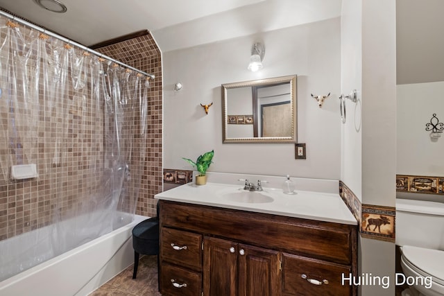 full bathroom with vanity, toilet, tile patterned flooring, and shower / bath combo with shower curtain