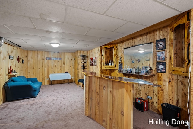 bar with carpet flooring and wood walls