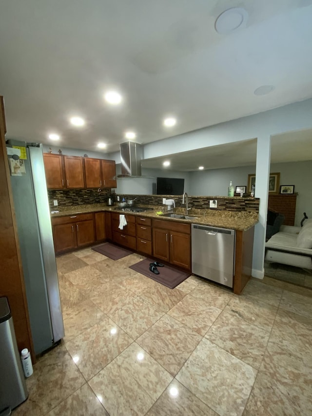 kitchen with island range hood, sink, dark stone countertops, backsplash, and stainless steel appliances