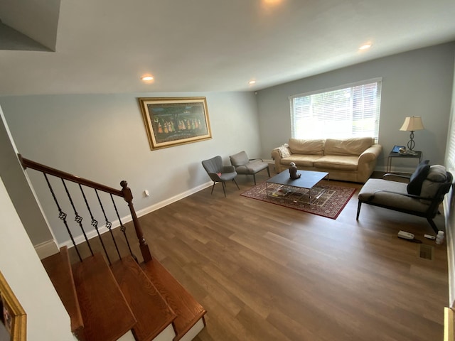 living room with dark hardwood / wood-style flooring