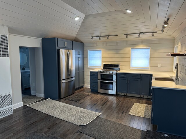 kitchen featuring blue cabinetry, appliances with stainless steel finishes, and dark hardwood / wood-style flooring